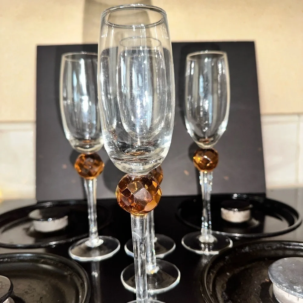 Elegant Clear Champagne Flutes with Amber Accents (Set of 5)